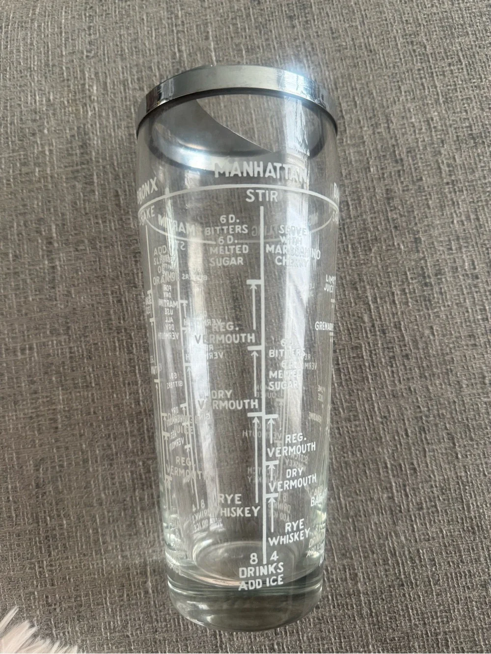 Vintage 1950s Glass Cocktail Recipe Shaker Silver Rim 9” Mid Century Barware